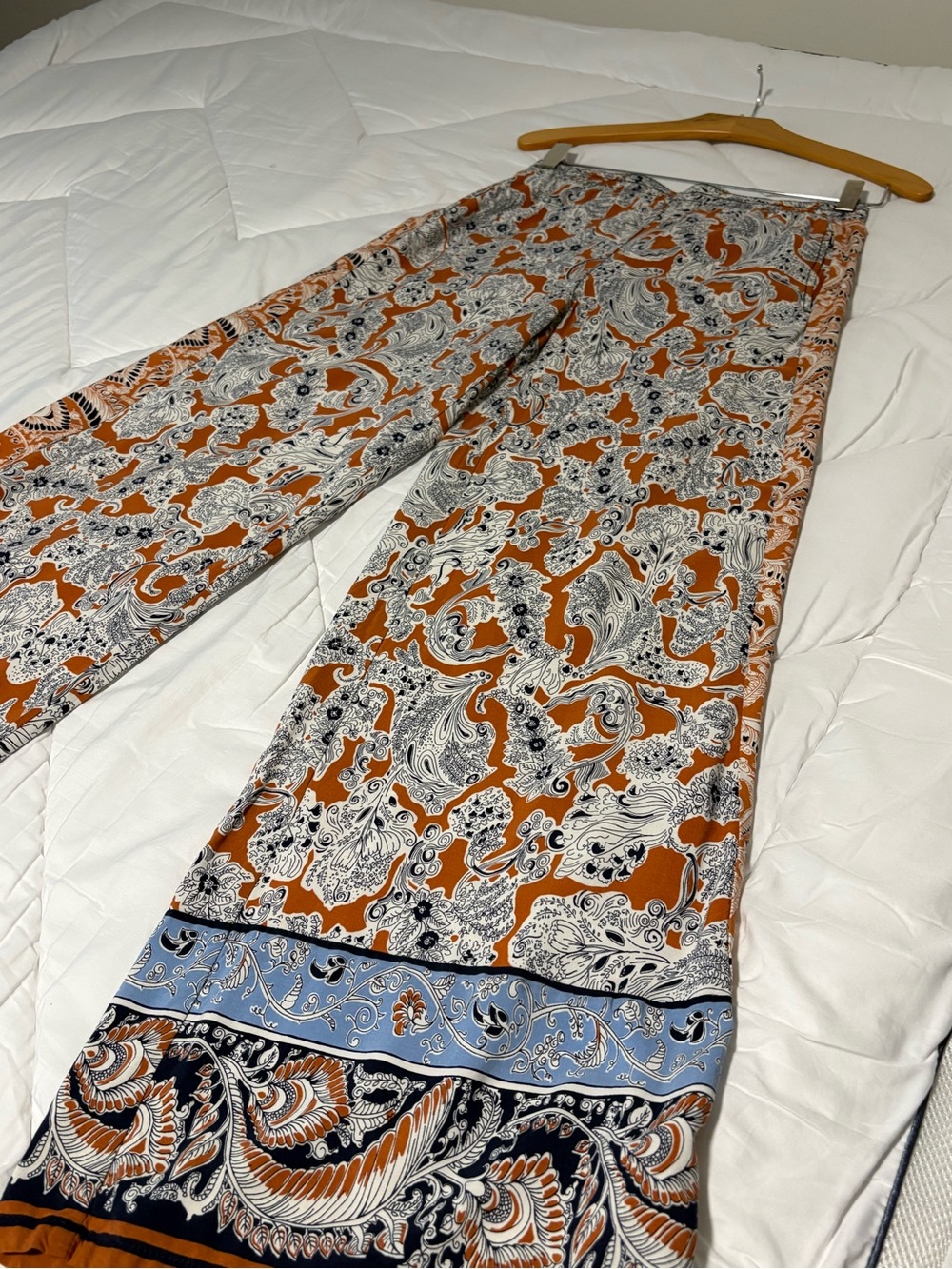 Women’s Patterned Palazzo Pants — Rust and Blue